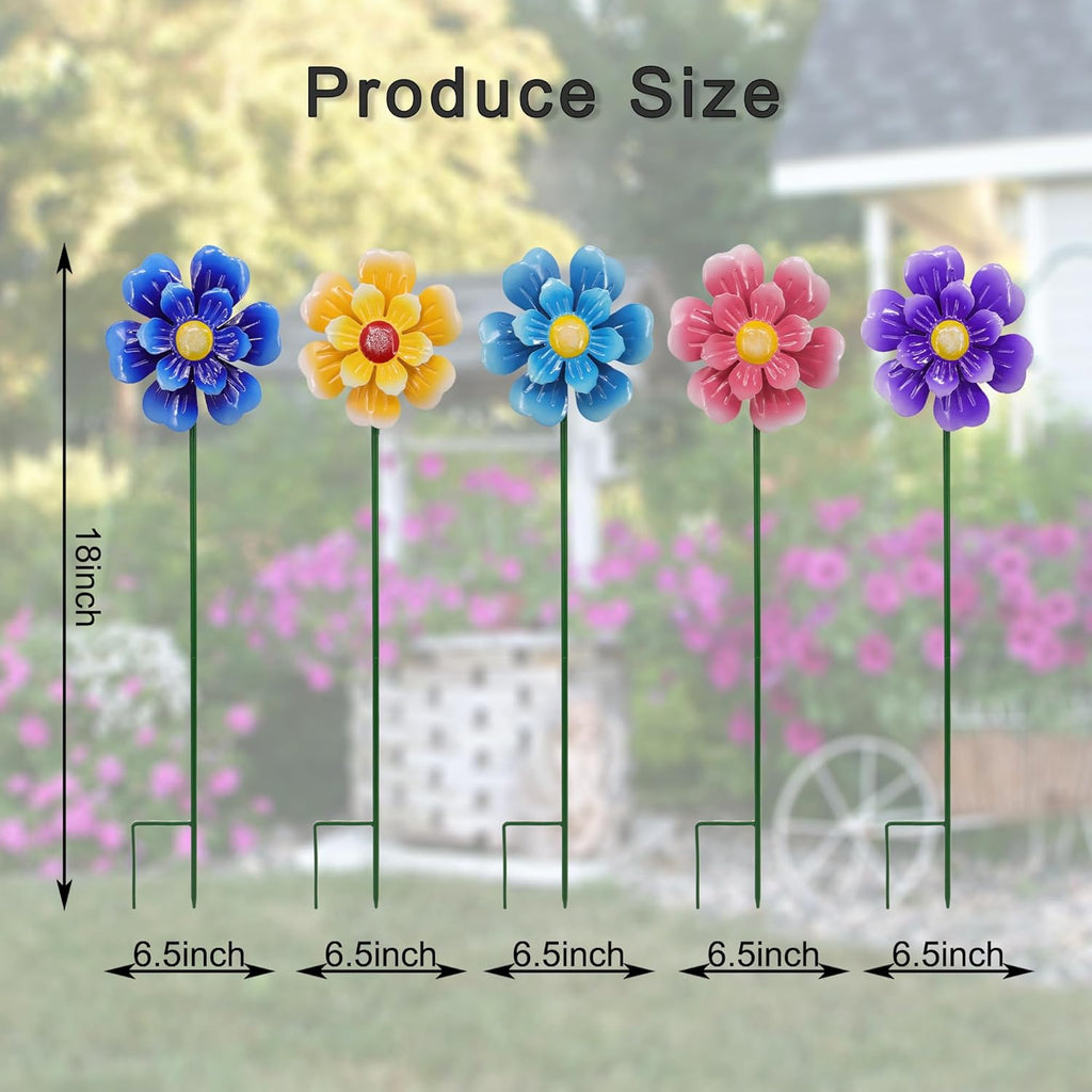 Metal Flower Wind Spinner Garden Lawn Stakes Yard Art, 27 Inch Windmill Outdoor Garden Iron Handicraft Lawn Ornament, Outside Front Metal Yard Art Decor, 5 pieces Outdoor Front Porch Patio Decorations