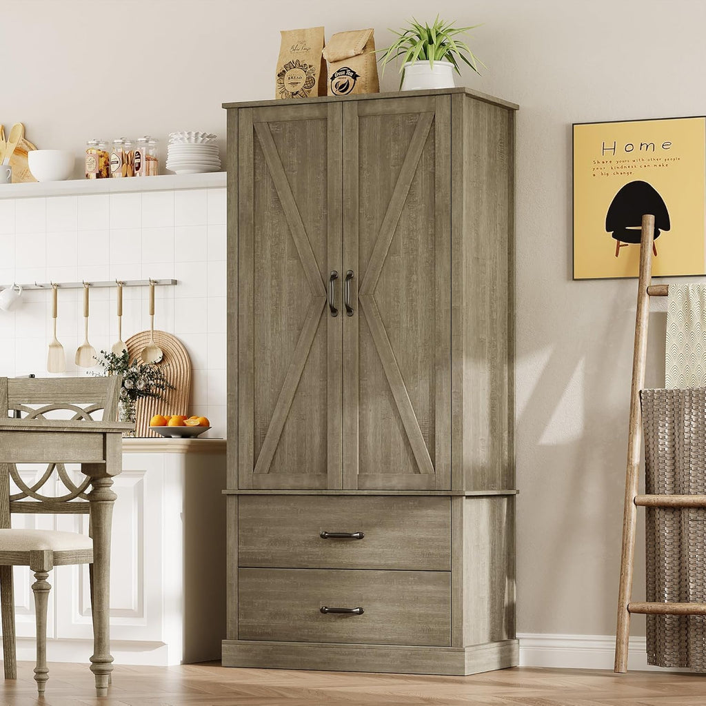 IDEALHOUSE Kitchen Pantry Cabinet, Freestanding Tall Hutch with Barn Doors, Drawer and 2 Adjustable Shelves for Dining Room, Kitchen, Grey