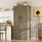 IDEALHOUSE Kitchen Pantry Cabinet, Freestanding Tall Hutch with Barn Doors, Drawer and 2 Adjustable Shelves for Dining Room, Kitchen, Grey