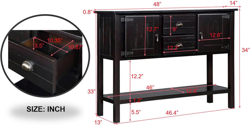 Knocbel Vintage Console Table with 2 Drawers, 2 Storage Cabinets and Bottom Open Shelf, Entryway Hallway Sofa Table Dining Room Buffet Sideboard, 48" W x 14" D x 34" H (Espresso)