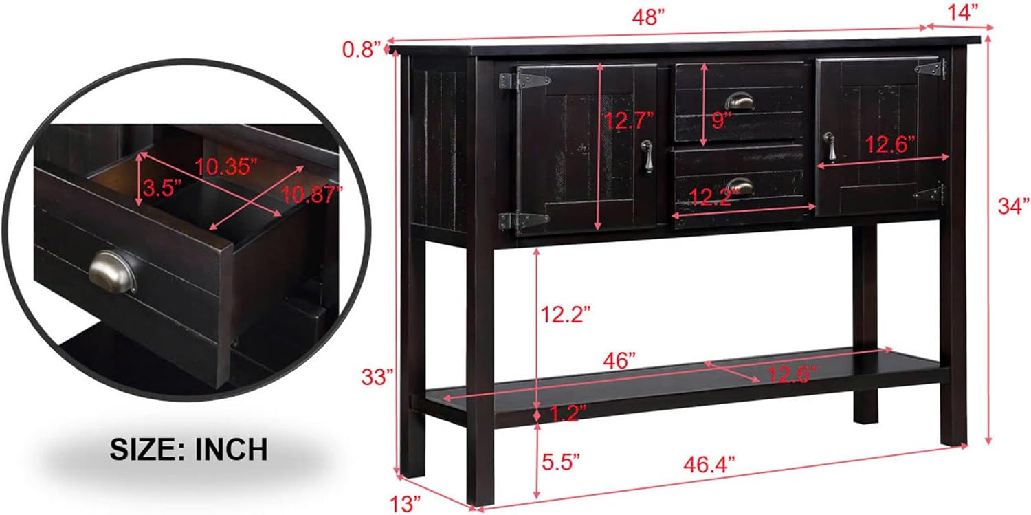 Knocbel Vintage Console Table with 2 Drawers, 2 Storage Cabinets and Bottom Open Shelf, Entryway Hallway Sofa Table Dining Room Buffet Sideboard, 48" W x 14" D x 34" H (Espresso)