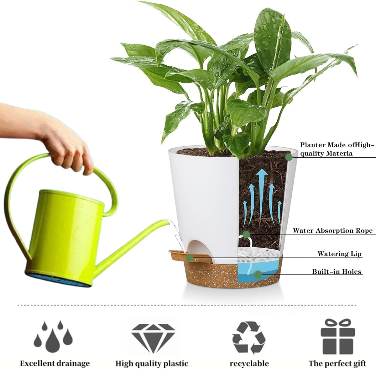 5 Pack 5 inch Self-Watering Pots, African Violets Planter with Drainage Holes and Reservoir, White Brown Plastic Planter for Indoor Outdoor Plants Flowers and Houseplants White Brown, 5 inch 5 pcs