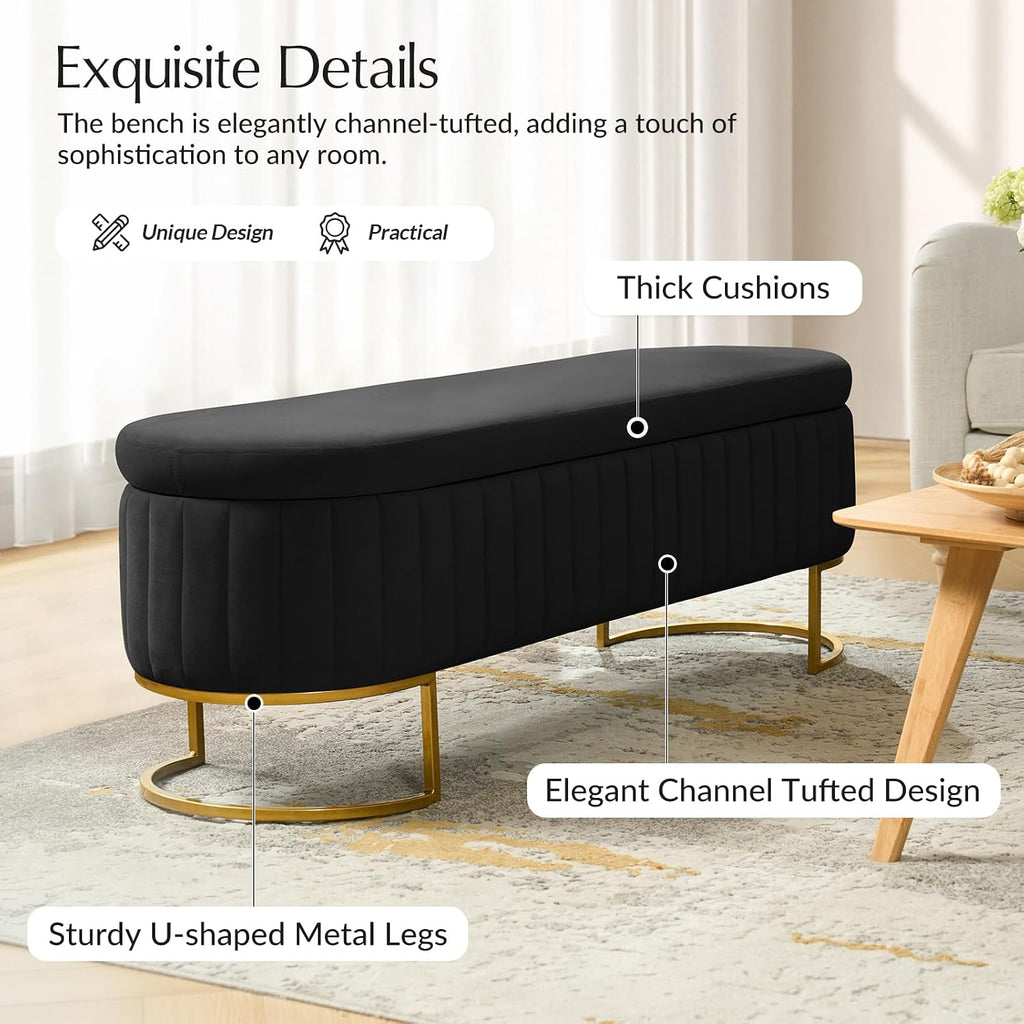 55.5" Velvet Upholstered Storage Bench with Channel Tufted Seat and Metal Legs, Multi-Functional Ottoman with Interior Organizer Pockets for Bedroom and Entryway, Flipping Lid Large Window Bench
