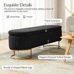 55.5" Velvet Upholstered Storage Bench with Channel Tufted Seat and Metal Legs, Multi-Functional Ottoman with Interior Organizer Pockets for Bedroom and Entryway, Flipping Lid Large Window Bench