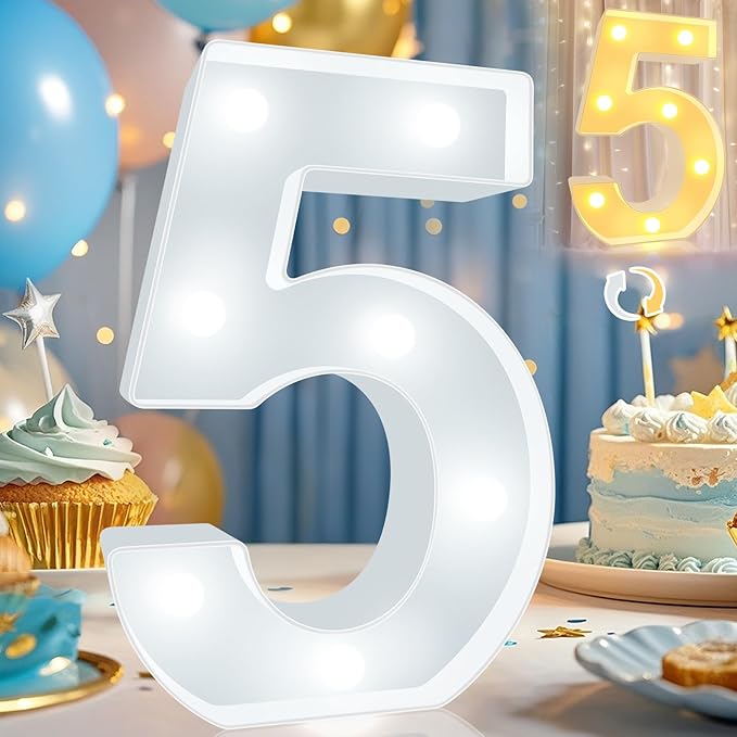 Pooqla LED Light Up Numbers, Warm White and Cool White Decorative Lighted Marquee Numbers, Light Up Numbers for Boys Girls Party, Wedding, Bar, Night Light, Room Decor, Birthday Decoration, Number 5