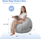 2FT Bean Bag Chair 2'Bean Bag Chairs with Memory Foam Filled Small Bean Bag | Bean bags with Machine Washable Cover Corded Plush Fabric, Comfy Chairs for Living Room, Bedroom, Dorm, Lightgrey