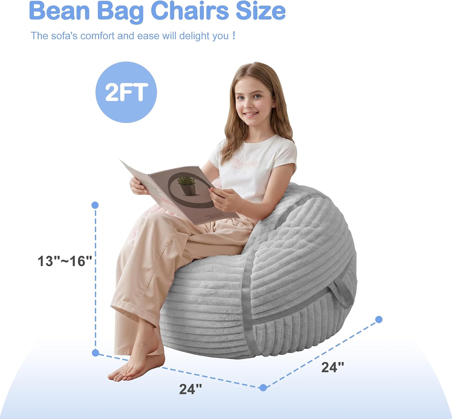 2FT Bean Bag Chair 2'Bean Bag Chairs with Memory Foam Filled Small Bean Bag | Bean bags with Machine Washable Cover Corded Plush Fabric, Comfy Chairs for Living Room, Bedroom, Dorm, Lightgrey