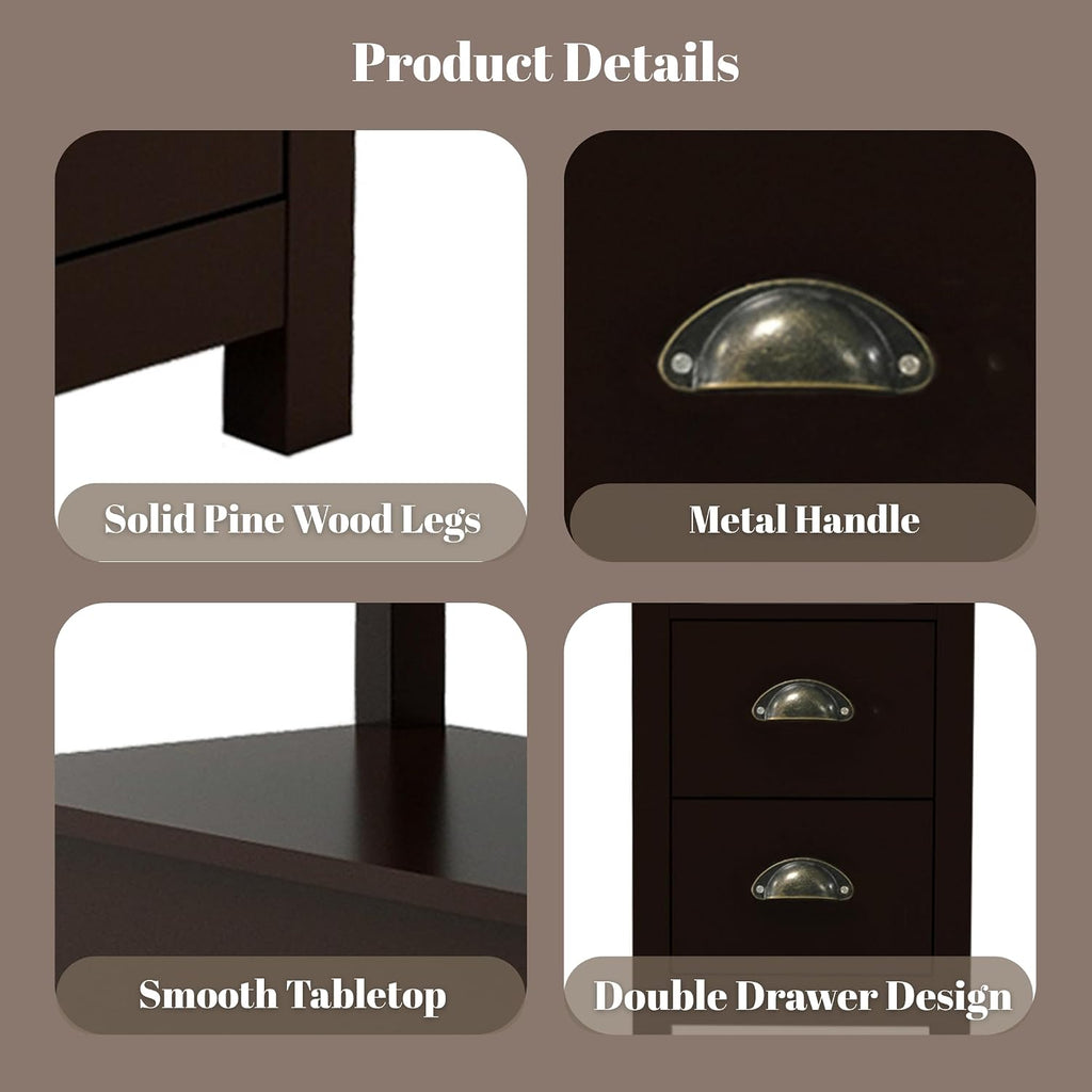 Narrow End Table with Two Drawers & Open Shelf - Brown Nightstand/Side Table for Living Room, Bedroom