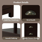 Narrow End Table with Two Drawers & Open Shelf - Brown Nightstand/Side Table for Living Room, Bedroom