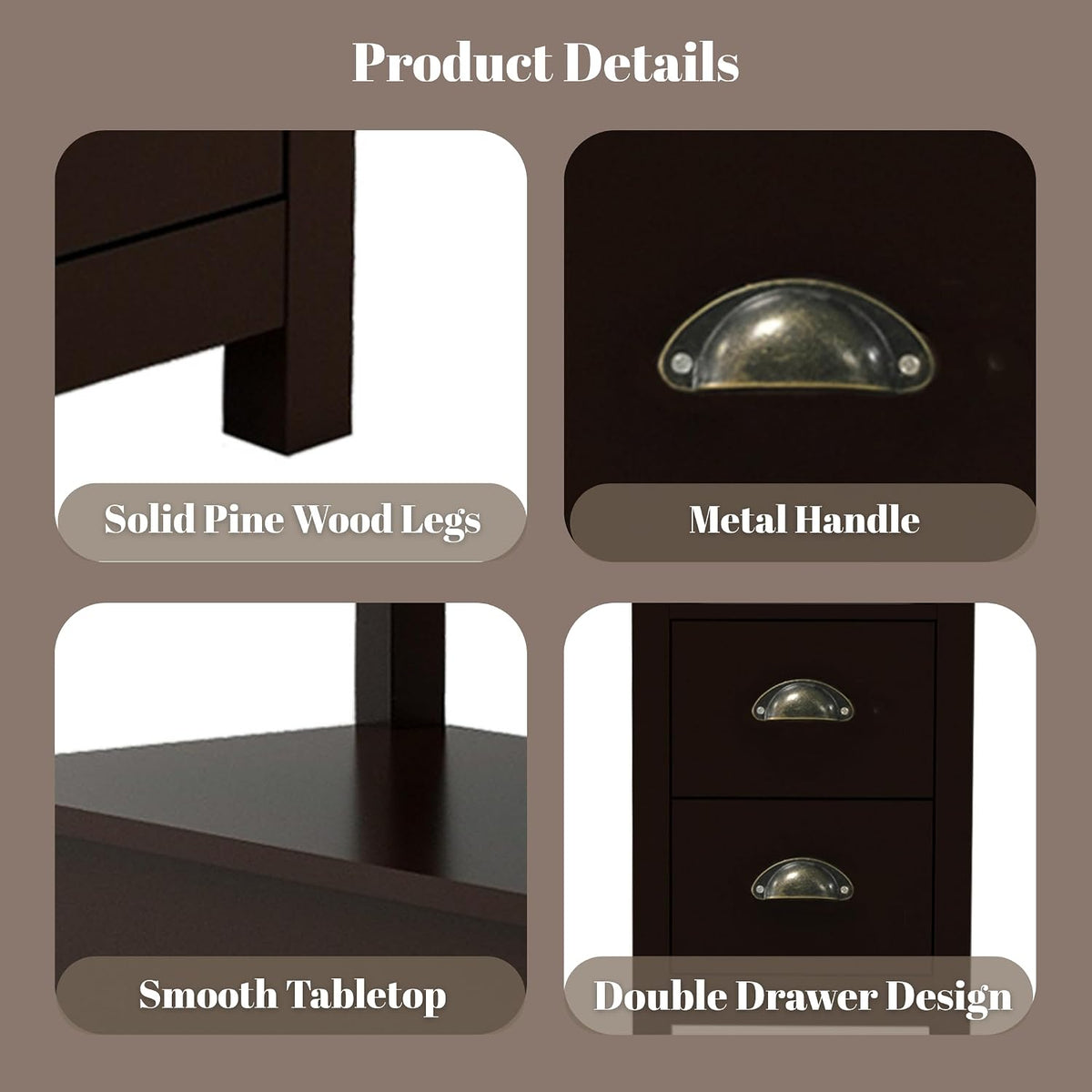 Narrow End Table with Two Drawers & Open Shelf - Brown Nightstand/Side Table for Living Room, Bedroom
