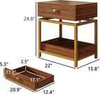 WiberWi End Table with Drawer and Open Shelf, 2 Tiers Sofa Side Table with Gold Metal Frame for Living Room, Modern Nightstand Bedside Table for Bedroom, Walnut