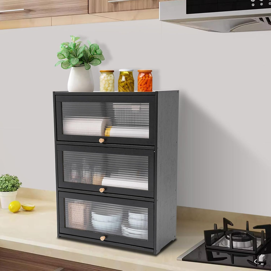 3 Tier Kitchen Pantry Storage Cabinet with with 2 Sliding Striped Glass Doors Console Dining Cupboard Modern Freestanding Bamboo Sideboard for Dining Room Kitchen Black (20.5x9.8x27.5inch)