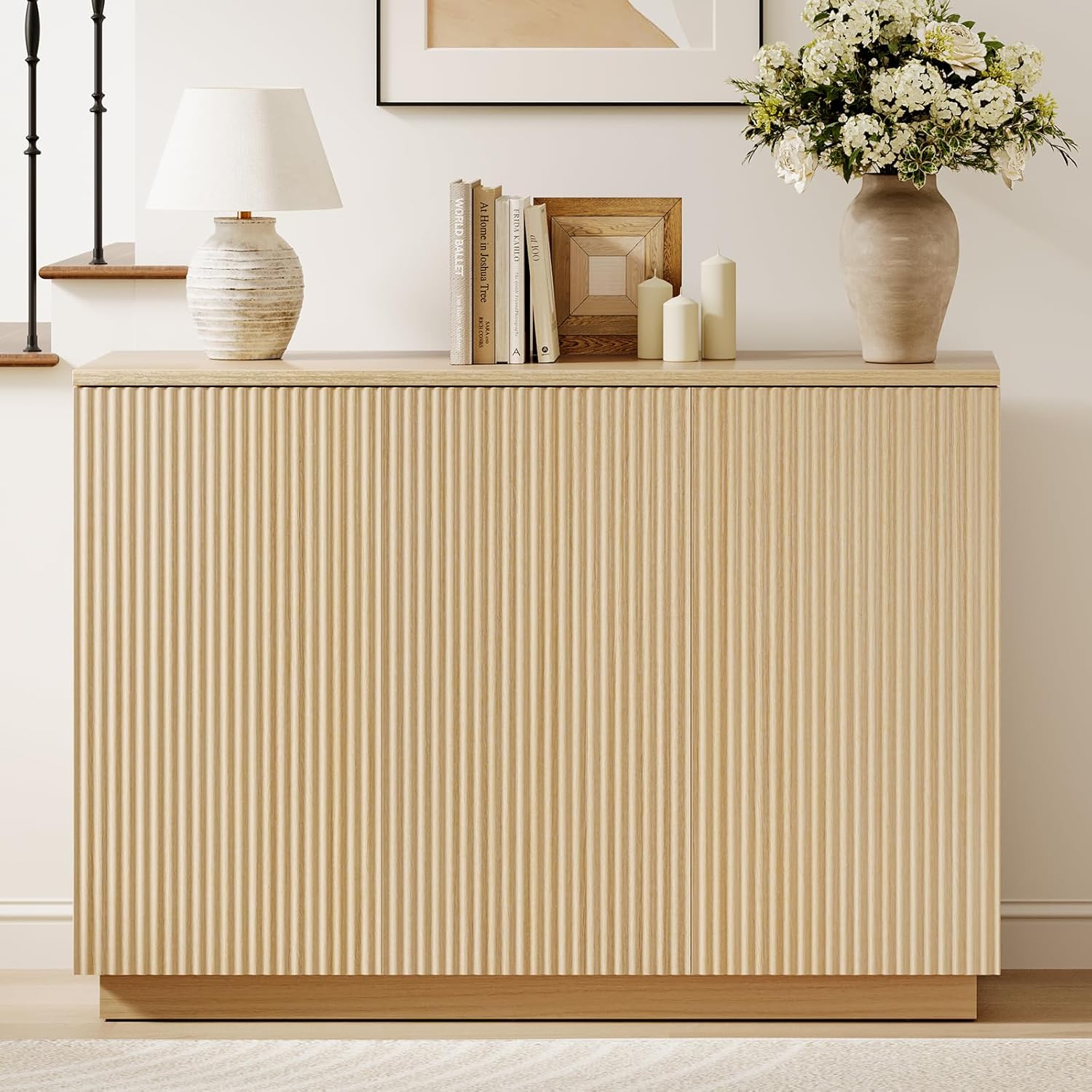 Sideboard Buffet Cabinet with Storage - 47" Fluted Coffee Bar Cabinets Credenza with Adjustable Shelves, Accent Buffets & Sideboards Console, Wood Side Board for Living Room, Kitchen, Entryway