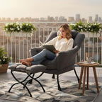 Tiita Lazy Chair with Ottoman, Comfy Reading Accent Chair, Dark Grey | Foldable Footrest, Padded Seat and Backrest, Side Pocket for Lounging in Living Rooms, Bedrooms, Dorms and Small Spaces