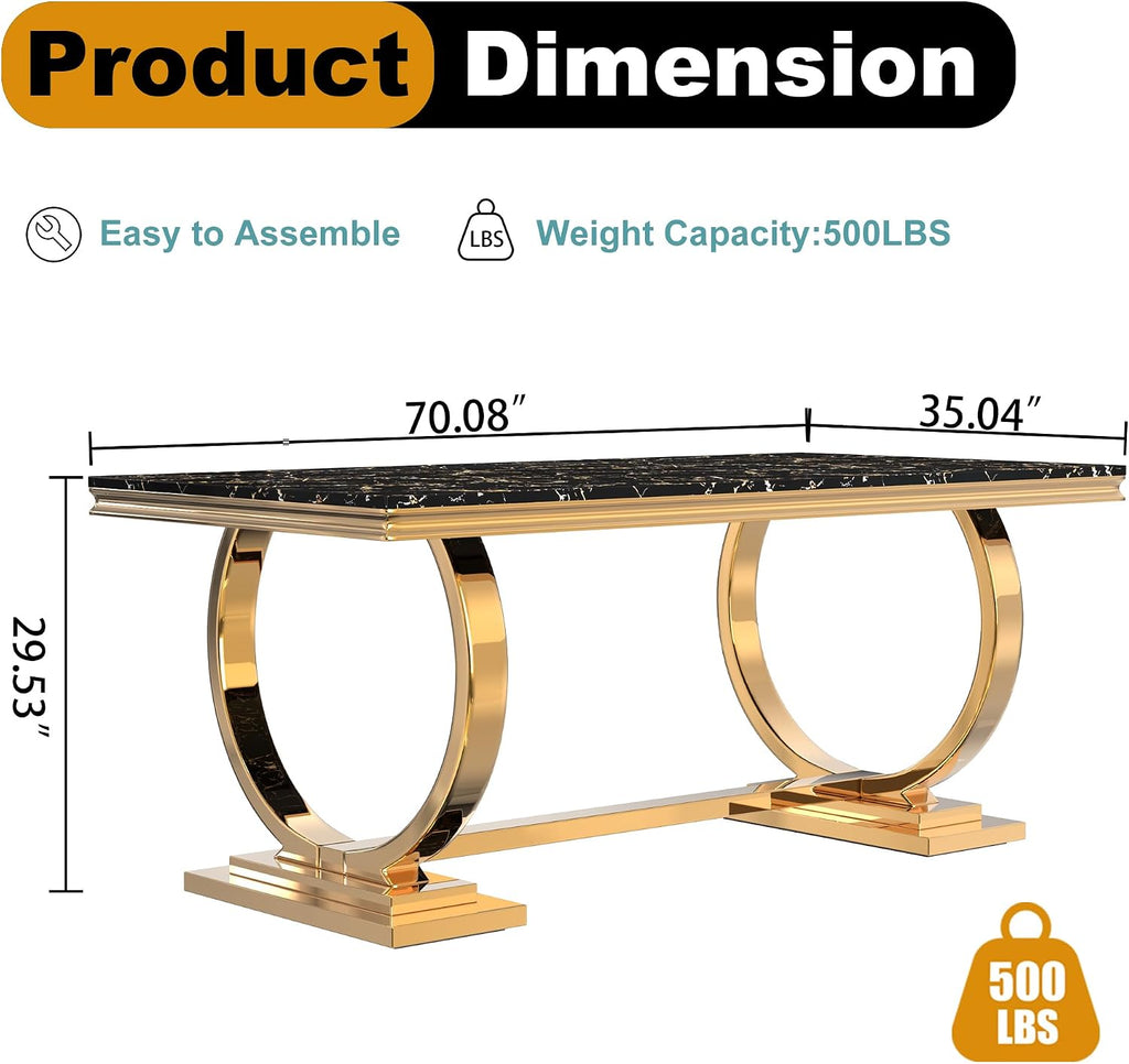 70" Marble Dining Table with Black Faux Marble Top and Gold O-Shape Stainless Steel Base, Modern Rectangular Kitchen Table for Living Room, Home Office, Easy to Clean