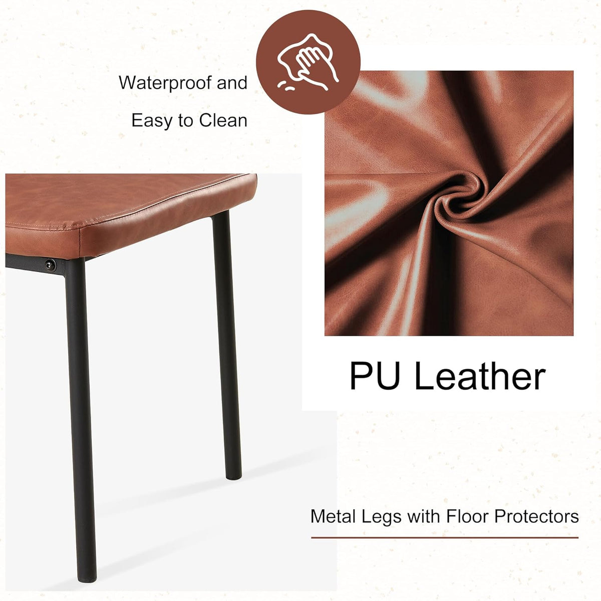 Dining Chairs Set of 6, Brown PU Leather Dining Chairs, Comfortable Upholstered Armless Kitchen Chairs with Black Metal Legs for Living Room, Dining Room, Kitchen