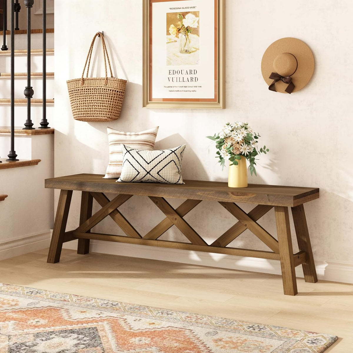 Wnutrees 54" Farmhouse Wood Bench, Rustic Solid Wood Entryway Bench Seat with Double X-Structure for Dining Area Living Room Hallway, Structural Stability, Natural