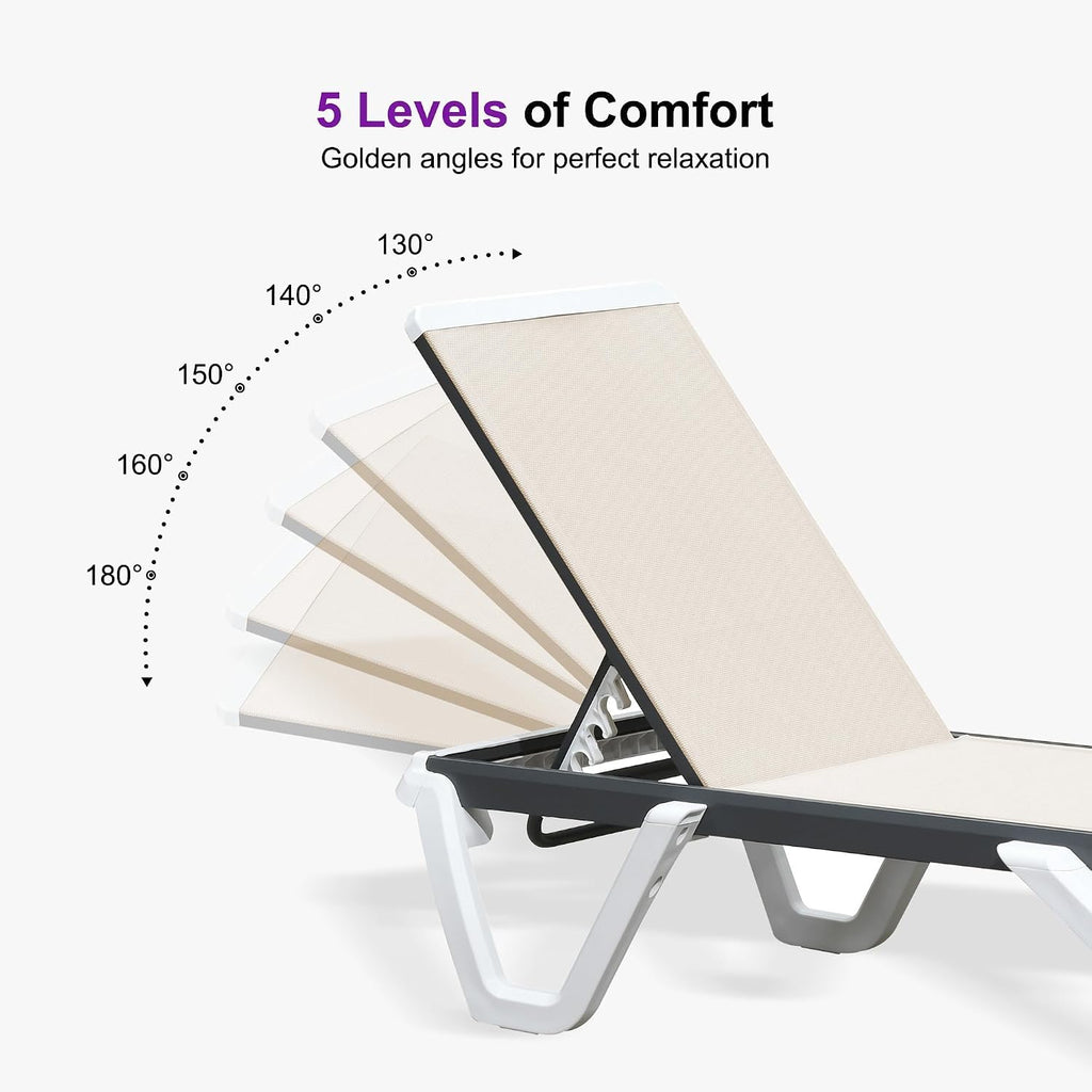 PURPLE LEAF Lounge Chair Outdoor Set of 2 Chaise Lounge w/Wheels, Khaki | Quick & Easy Assembly, Quick-dry Mesh Keeps You Cool, UV-proof Weave Keeps Color Vivid, Rustproof Frame Lasts Years