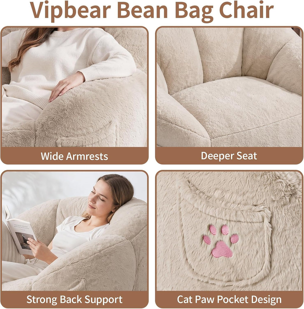 Vipbear Cat Paw Bean Bag Chair with Air-Cushion, Oversized Sofa Chair Khaki | 39", air-cushion filling, cat paw Pocket, carry handle, oversized firm support, ergonomic, plush faux fur, gaming, reading