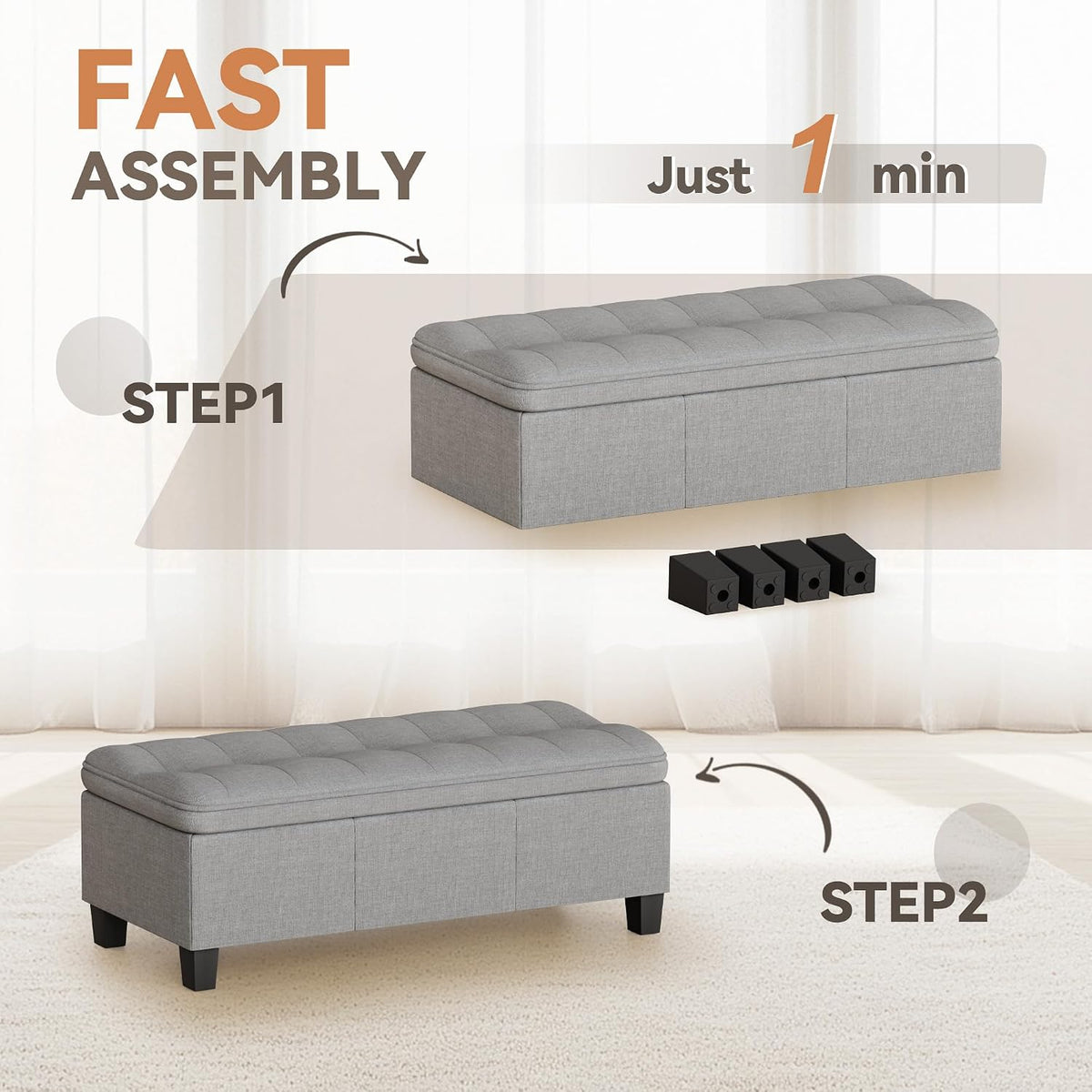 YESHOMY 47 Inches Ottoman with Storage, Light Grey Linen | Storage Bench with Legs, Ottomans for Living Room, Entryway, Adjustable & Movable, Easy Assembly
