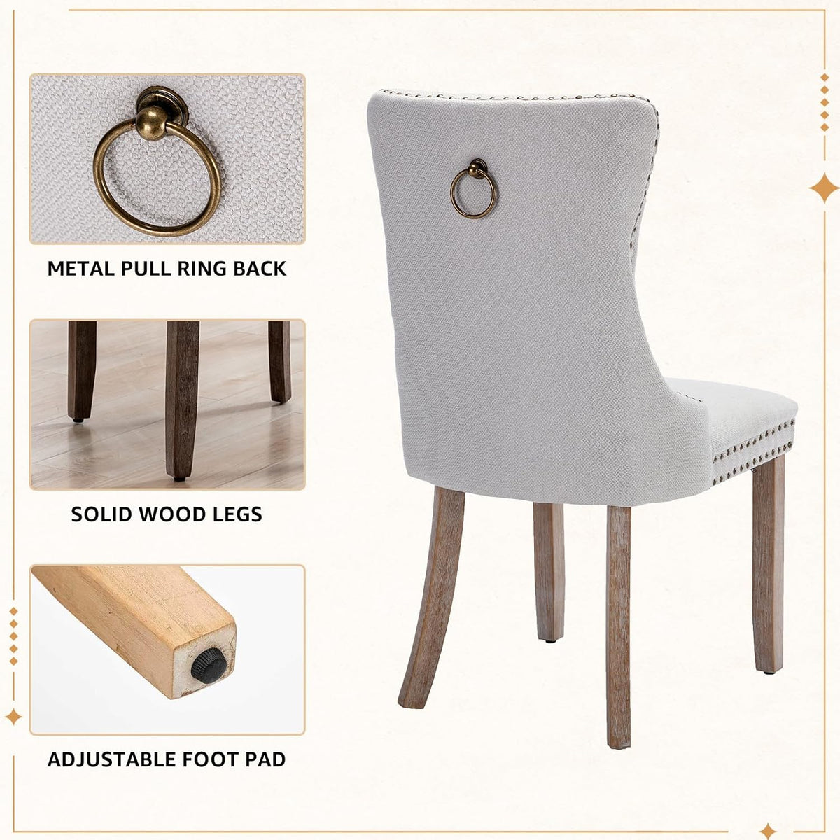Linen Dining Chairs Set of 2, Tufted Upholstered High Wingback Chairs with Nailhead Trim & Pull Ring, Solid Wood Legs in Weathered Finish for Dining Room, Sillas de Comedor, Beige