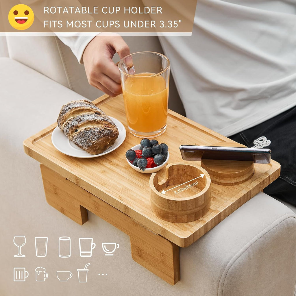 GEHE Real Bamboo Couch Armrest Table, 15.4"x9.8" Couch Arm Tray Table, 3 in 1 Removable Sofa Cup Holder wtih 360° Rotated Phone Holder, Clip on Armrest Tray for Drinks, Snacks, Phone, Control