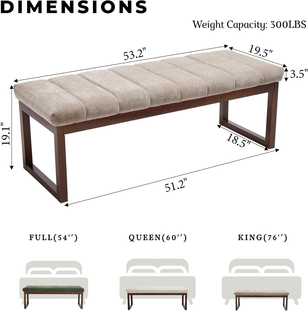 53'' Upholstered Chenille Entryway Bench, Channel Tufted End of Bed Bench Modern Ottoman with Walnut Wood Legs, Padded Window Bench with Storage for Bedroom, Living Room, Camel