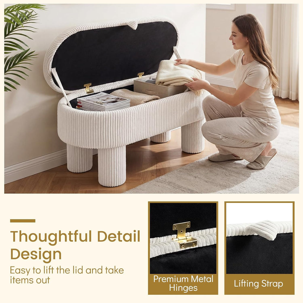 Giantex 42'' Storage Ottoman Bench, Corduroy Fabric Upholstered End of Bed Bench with Hidden Storage Compartment & Legs, Blanket Storage Chest for Living Room, Bedroom, Entryway (Beige)