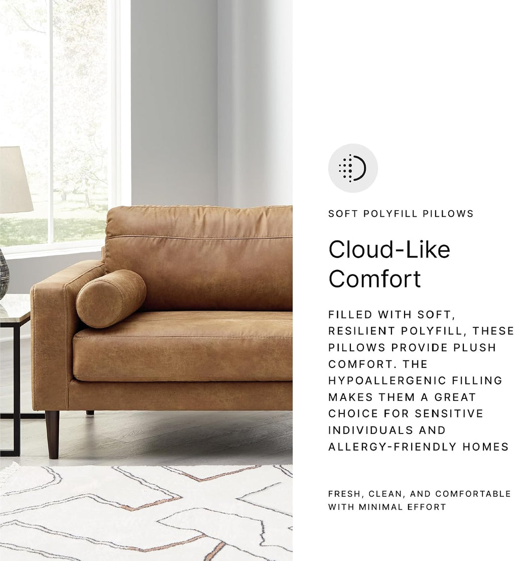 Signature Design by Ashley Telora Faux Leather 3 Seater Sofa Couch, Caramel | Medium plush fiber-wrapped foam seating, Track arms, Loose back cushions, Mid-century modern style
