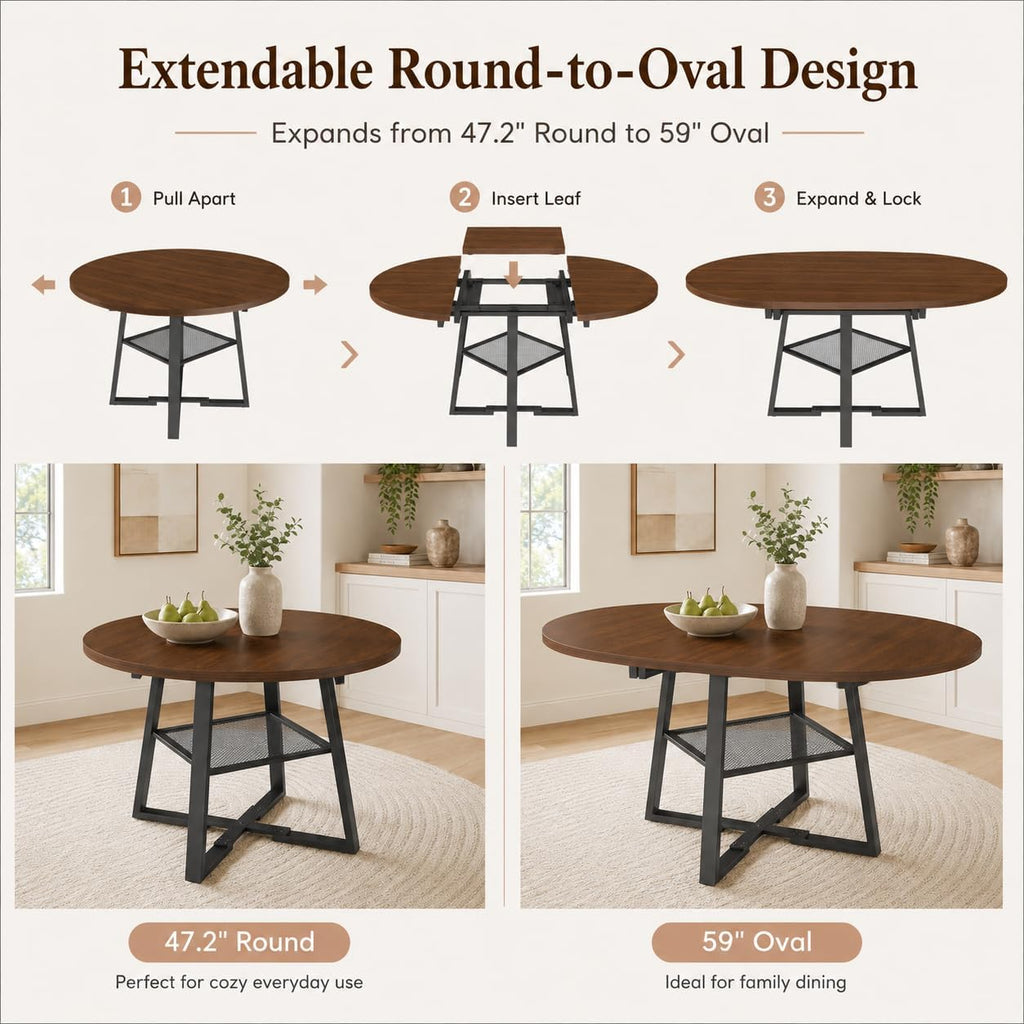 Round Extendable Dining Table, 47.2 to 59 Inch Kitchen Table for 4 to 6 People, Farmhouse Dining Room Table with Metal Mesh Storage Shelf, Walnut Wood Grain Top for Small Spaces Apartment