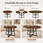 Round Extendable Dining Table, 47.2 to 59 Inch Kitchen Table for 4 to 6 People, Farmhouse Dining Room Table with Metal Mesh Storage Shelf, Walnut Wood Grain Top for Small Spaces Apartment