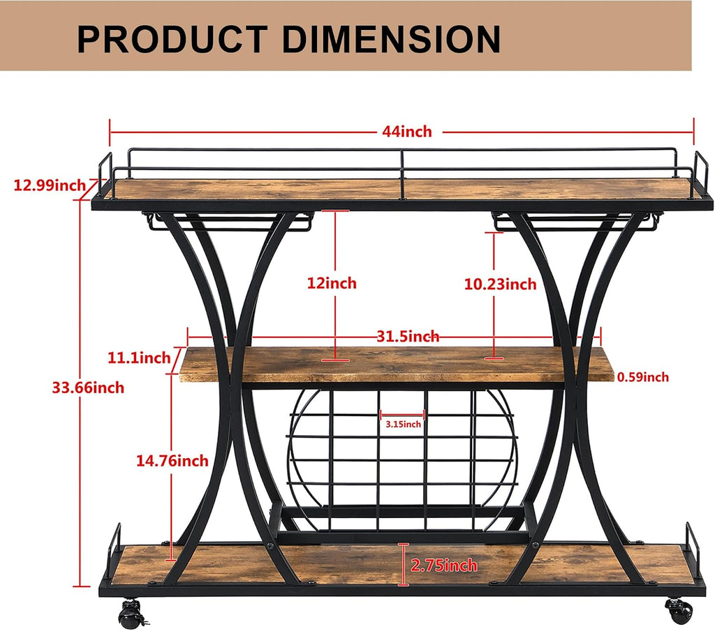 TQVAI Wooden Bar Cart with Wine Rack and Glass Holder, 3-Tier Rolling Bar Serving Cart for Home Bar, Kitchen, Party, Metal Frame, Lockable Wheels, Antique Brown