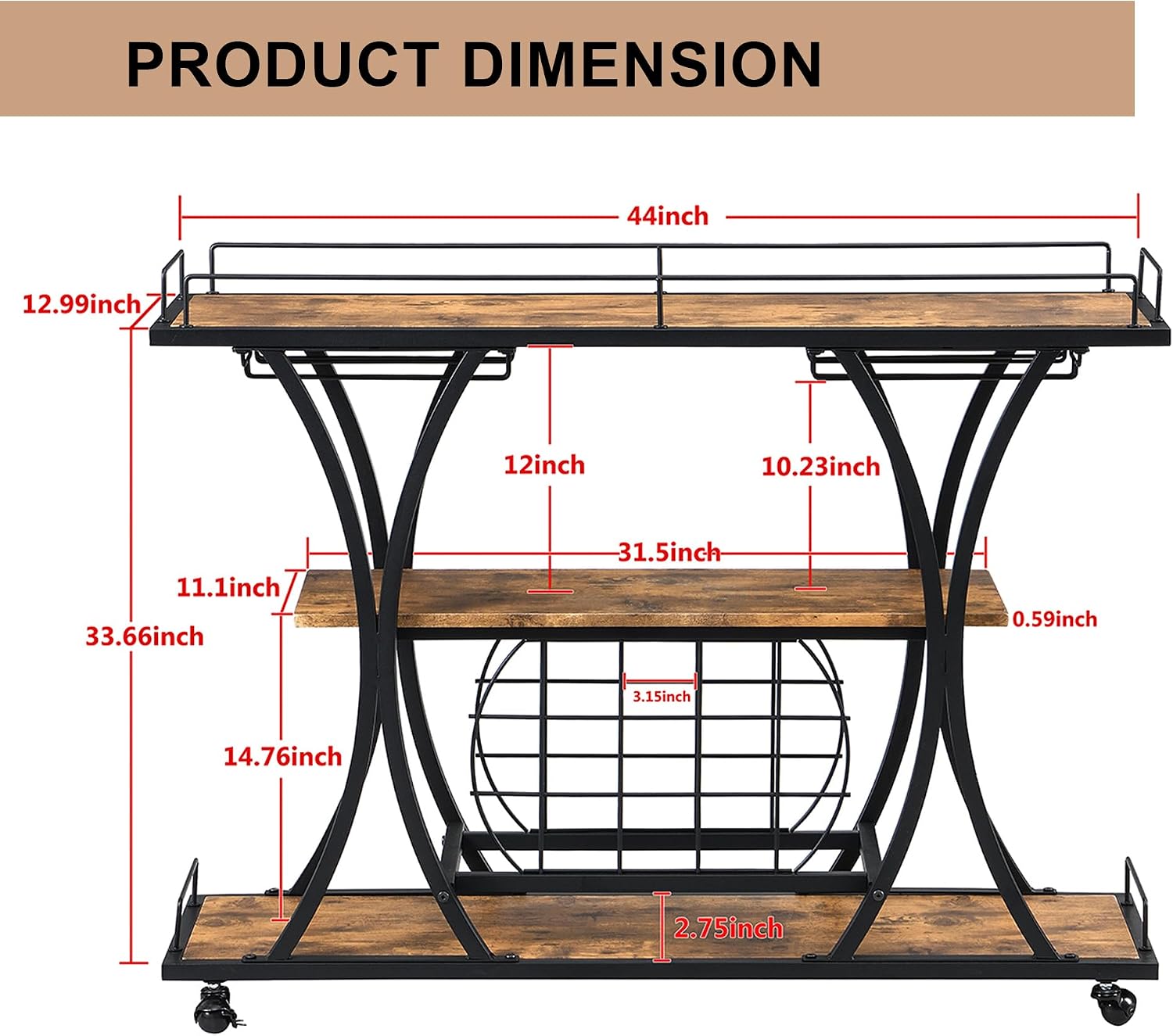TQVAI Wooden Bar Cart with Wine Rack and Glass Holder, 3-Tier Rolling Bar Serving Cart for Home Bar, Kitchen, Party, Metal Frame, Lockable Wheels, Antique Brown