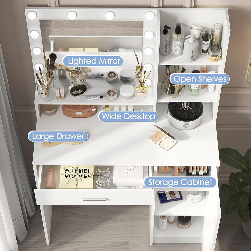 Vanity Desk with Mirror & Light, Three Level Storage Dresser & Large Drawer, 3 Lighting Modes Adjustable Brightness, Bedroom Dressing Table (White)