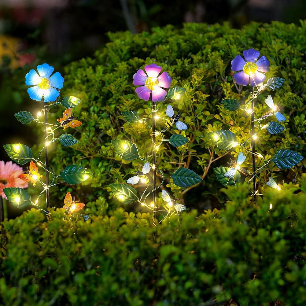 Set of 3 Solar Garden Lights,23'' H Flowers＆Insect Decorative Garden Stakes,Waterproof Metal Spring Yard Art Decor,Solar Stake Lights for Outside,Lawn,Yard,Patio