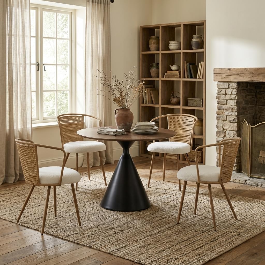 Rattan Dining Chairs,Upholstered Boucle Cushion with PE Cane Wing Back Kitchen Chair,Modern Dining Room Chair with Wood Metal Legs for Kitchen,Beige White Set of 4
