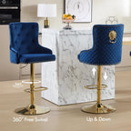 Gold Barstools Set of 4,Velvet Swivel Bar Height Stools with Lion Pull Ring,Upholstered Counter Height Stools with Tufted Back,Modern Adjustable Bar Chairs for Kitchen Island/Cafe, Navy Blue