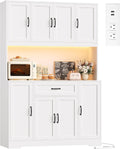 HITHOS 70" LED Kitchen Pantry Cabinet with Charging Station, 47" Wide Pantry Storage Cabinet with Large Microwave Stand, Modern Kitchen Hutch with Drawers and Cabinets for Dining Room, White