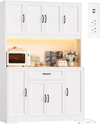 HITHOS 70" LED Kitchen Pantry Cabinet with Charging Station, 47" Wide Pantry Storage Cabinet with Large Microwave Stand, Modern Kitchen Hutch with Drawers and Cabinets for Dining Room, White