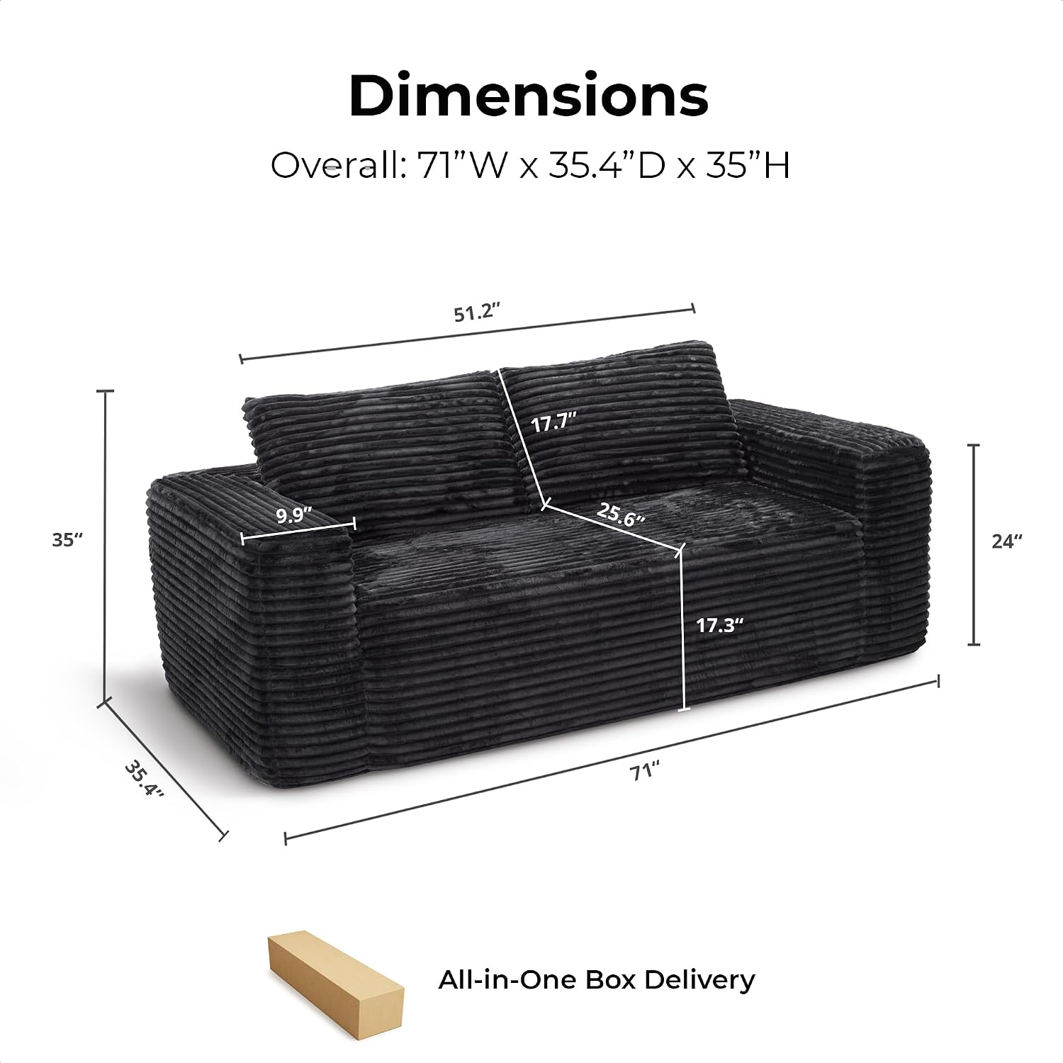 LIKIMIO Liorin Plush 71" Floor Loveseat Sofa Black Corduroy No Assembly | 2 Seater | High-Density Foam | 25.6" Deep Seat | 17.3" High Seat | Sofa in a Box | Ideal for Apartment/Living room
