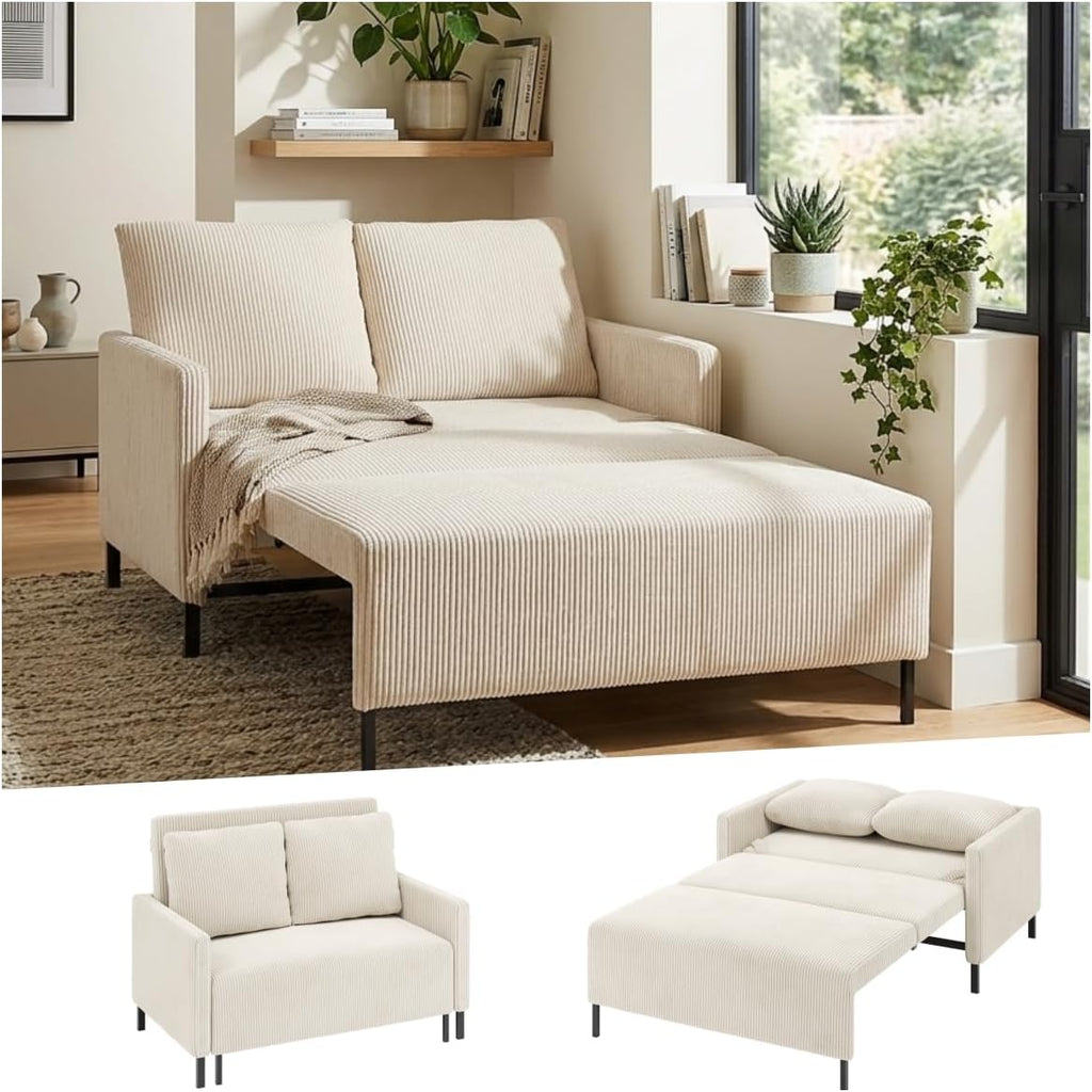 Welzona Loveseat Sleeper Sofa 47", Convertible Sofa Bed, Corduroy Love seat | 620lbs Capacity Love Seat Sleeper Bed, Easy Setup Small Couch Bed 2 Pillow, Small Couches for Living Room/Office, Ivory White