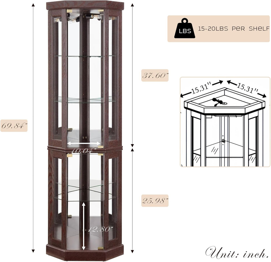 70" Lighted Corner Curio Cabinet, Wood China Display Case with Tempered Glass Doors & Adjustable Shelves, Light Bulb Included, Tall Wine Storage Rack for Bar and Liquor Storage (Dark Cherry)