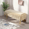 End of Bed Bedroom Storage Bench Upholstered, Hand-Woven Storage Ottoman Bench for Bedroom with Hinged Lid Golden Legs, for Living Room, Entryway Beige