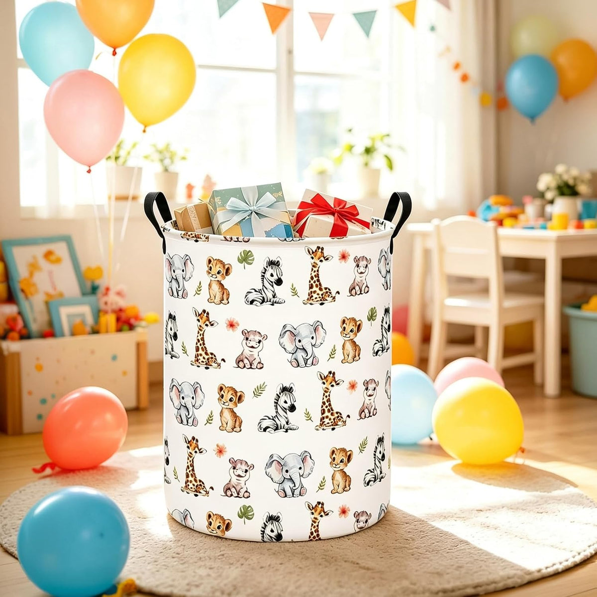 Round Jungle Wildlife Laundry Hamper, Cotton Canvas Storage Bin | Waterproof stain-resistant cotton canvas, reinforced hand grips, jungle wildlife print for bedroom, bath and dorm belongings