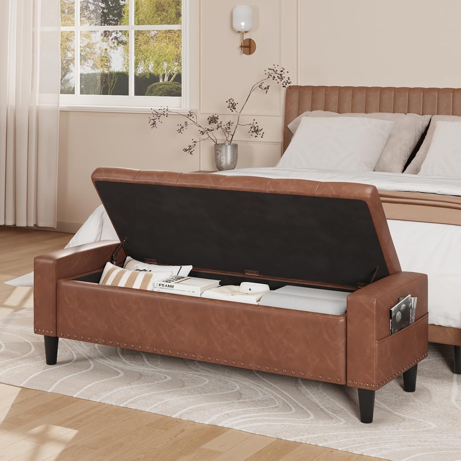 60" Storage Ottoman Bench, Faux Leather Upholstered Bed Bench, Brown | Benches with Tufted Buttons and Nailhead Trim, Large Ottoman with Storage for King Size End of Bed, Bedroom,Entryway,Hallway