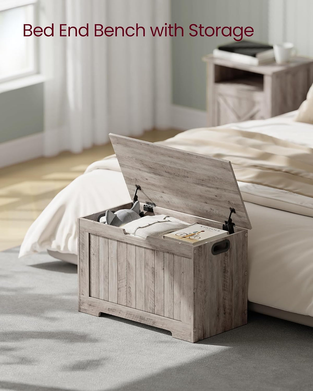 VASAGLE Storage Chest, 29.9 Inches Width Bench with 2 Safety Hinges | Shoe Bench, Farmhouse Style, for Entryway, Bedroom, Living Room, Heather Greige, SOFIE Collection ULHS011K01