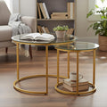 Round Nesting Coffee Table Set of 2, Glass Stacking Minimalist End Table | Modern Marble Pattern Wooden Nesting Tables for Living Room Bedroom Small Space, Clear Tempered Glass and Gold Leg