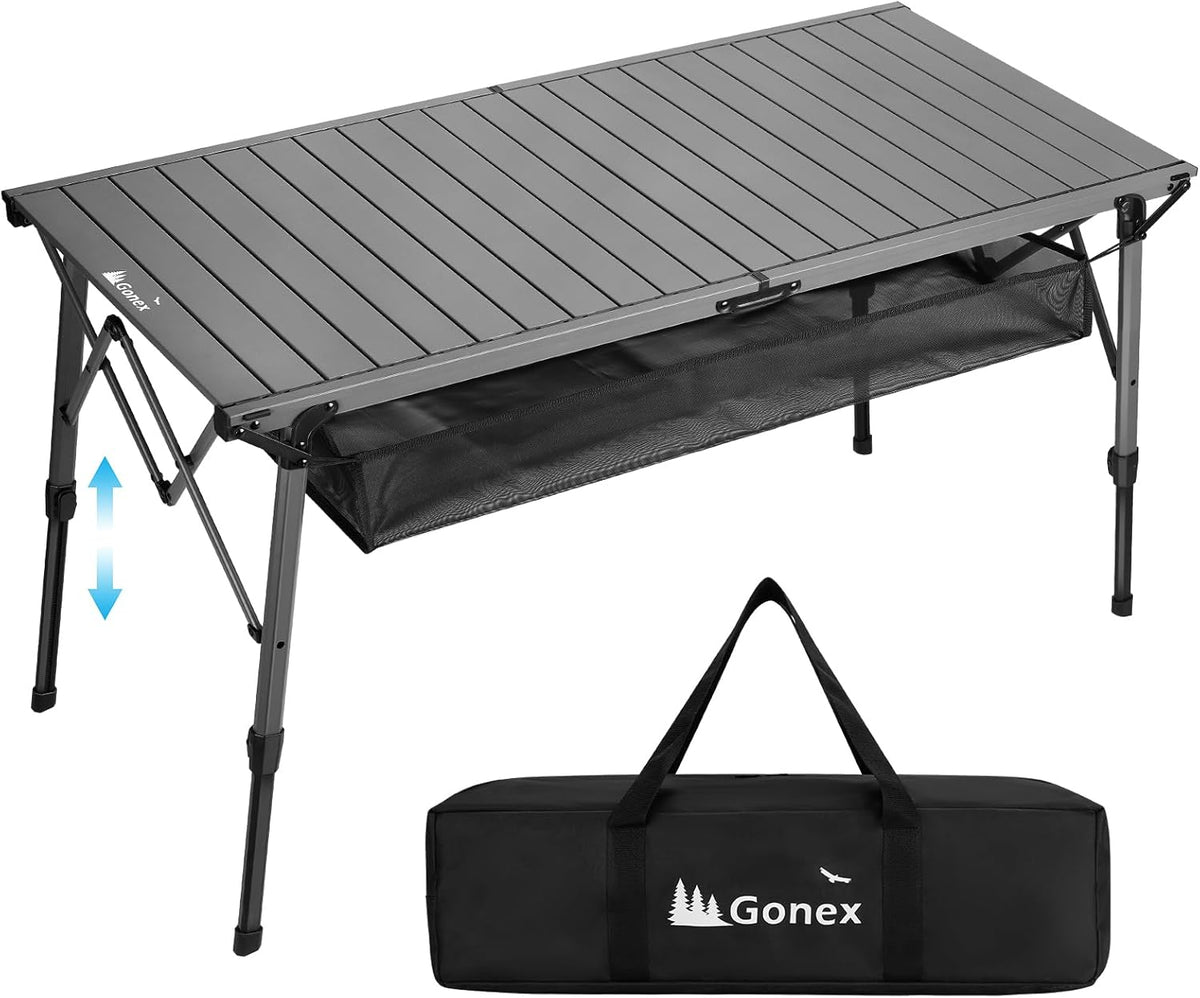 Gonex 50" Camping Table, Roll Up Aluminum Folding Picnic Beach Table | Adjustable Height Legs for Uneven Ground, 132 lbs Capacity, Mesh Pocket, Fit 4-6 people, Easy Setup, RV Car Camping, BBQ