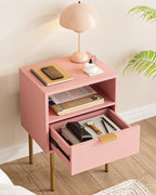 Nightstand,Morden Bedside Table with Gold Frame,Small Night Stand,End Table,Bedside Furniture,Side Table with Drawer and Shelf for Bedroom,Living Room (1Drawer, Pink)