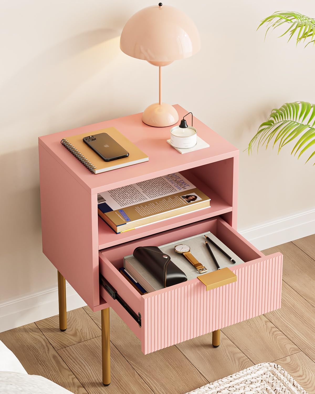 Nightstand,Morden Bedside Table with Gold Frame,Small Night Stand,End Table,Bedside Furniture,Side Table with Drawer and Shelf for Bedroom,Living Room (1Drawer, Pink)